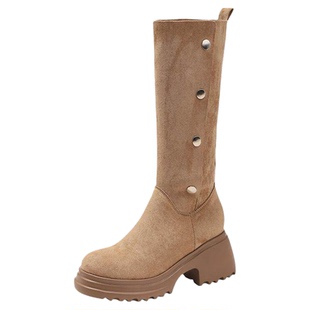 真皮靴子中筒靴女2025新款秋冬小个子高筒靴高跟粗腿内增高长筒靴