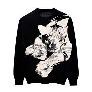 欧洲站潮流独特提花修身针织衫男款高级黑色保暖上衣毛衣男款冬季