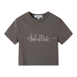 ANDREA MARTIN秋破缝毛边设计logo刺绣短袖小修身短款圆领T恤