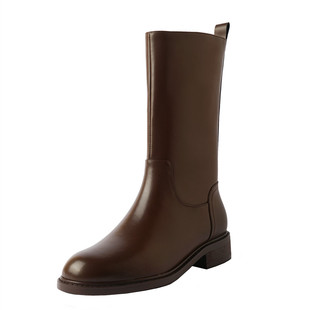 全牛皮中筒靴圆头显瘦粗跟骑士靴女靴子秋冬真皮棕色复古风马丁靴