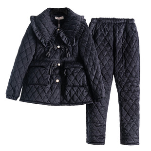 金钻丝绒亮闪珊瑚绒加厚女冬月睡衣黑色大翻子领甜美可外穿家居服