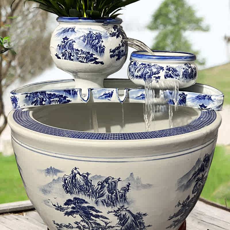 水缸循环过滤器流水瀑布陶瓷摆件古法养鱼缸增氧循环过滤陶罐水培