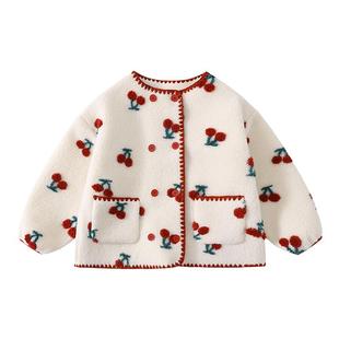 植木童装立体樱桃仿羊羔绒女童外套中大童2025冬装新款儿童外套