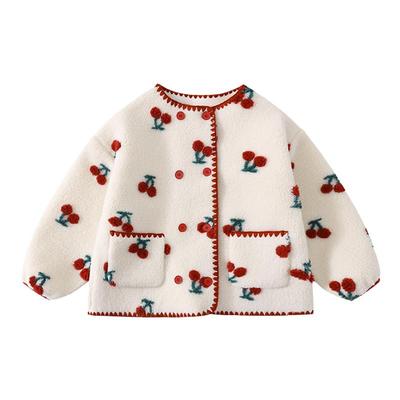 植木童装立体樱桃仿羊羔绒女童外套中大童2025冬装新款儿童外套