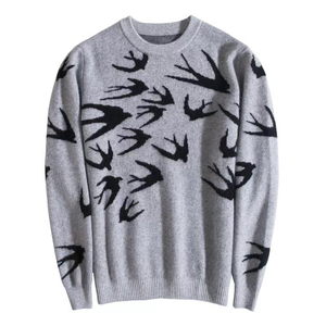 2025新款燕子提花圆领羊绒衫男青年加厚山羊绒针织毛衣保暖套头衫