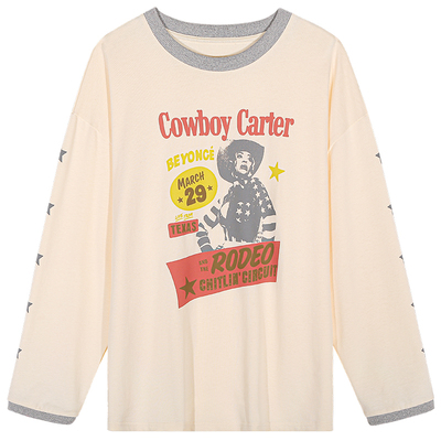 落落狷介宽松印花长袖T恤女