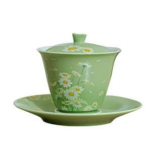 轻奢粉色清新小雏菊三才盖碗单个紫罗兰抹茶绿米黄陶瓷小号泡茶碗