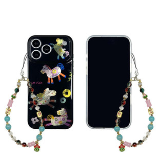 轻派马年黑色马上有钱带链条适用苹果17promax手机壳iphone16pro新款15女款14创意卡通网红13双层壳全包硬壳