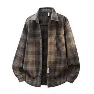 拉夏贝尔呢绒格纹衬衫外套加厚冬季男女新款美式休闲翻领衬衣开衫