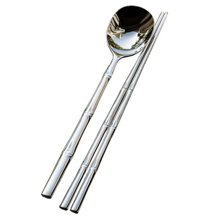 18/10不锈钢国潮乐感风复古竹节浮雕韩式扁筷子/扁长圆餐勺