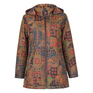 中老年妈妈女装冬装新款中长款真丝印花夹棉保暖棉衣时尚连帽棉服