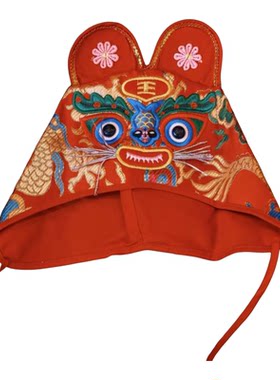 男女宝宝满月提花缎面尾巴虎头帽