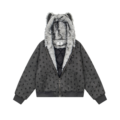 EUEH麂皮座山雕十字架棉服绒外套