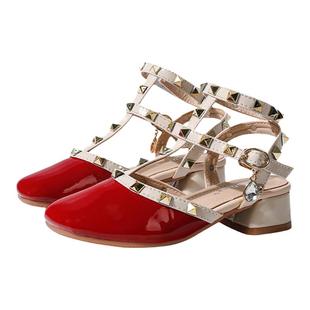 女童铆钉高跟凉鞋2024夏季新款红色黑色包头中空公主鞋时尚百搭鞋