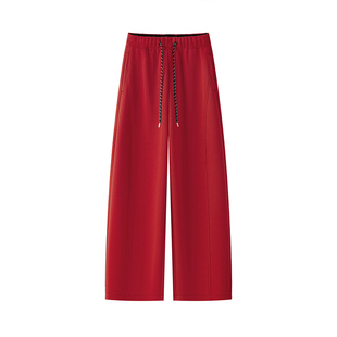 拉夏贝尔早春爆款中国红弯刀休闲裤女2026新款松紧显瘦抽绳香蕉裤