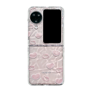爱心猫咪适用OPPO Find N3 Flip折叠屏手机壳透明水波纹可爱卡通findn2flip硬壳保护套女珍珠链条挂绳创意