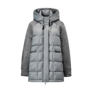 颜域100绵羊毛拼接羽绒服女冬2026新款灰色加厚保暖连帽毛呢外套