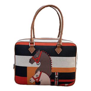 托特包新款plume福宝包帆布拼牛皮羽毛包印花图腾保龄球包手提包