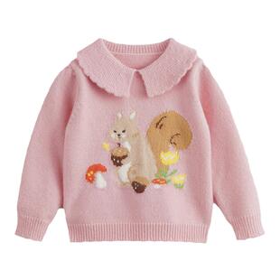 【抗起球】马克珍妮女童毛衣儿童萌趣动物花边领针织衫冬装241075