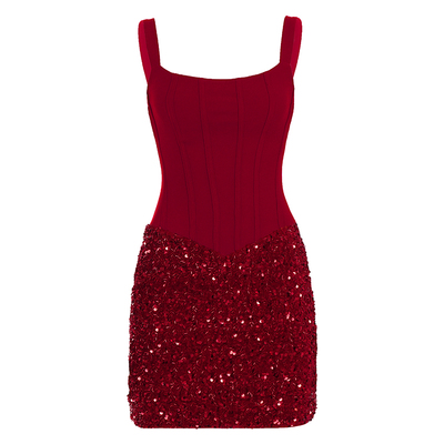 新年红辣妹风亮片拼接连衣裙女