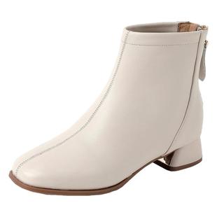 小码短靴女2024秋冬新款31 32 33真皮中跟方头气质加绒保暖女靴子