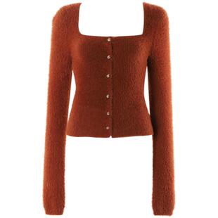 DPLAY秋季复古焦糖色短款修身方领定制金属扣仿貂毛套头毛衣