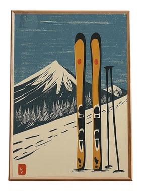 日式滑雪场单板海报雪山插画装饰画无框画雪景挂画艺术画冬季运动