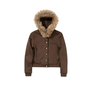 UNRETRO 复古连帽毛领加绒短款卫衣女秋冬新款灰色修身外套上衣