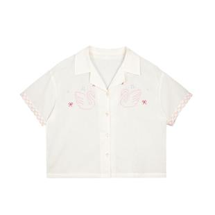 LLANO天鹅十字绣衬衫棉质复古浪漫古巴领宽松外搭上衣衬衣女夏季