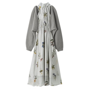 SNIDEL2025秋冬新品优雅针织开衫无袖印花连衣裙两件套SWNO255090