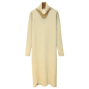 秋冬季韩版坑条纹高领针织连衣裙女中长款过膝宽松内搭打底毛衣裙