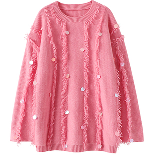 袅袅仙美！加厚手工亮片100%山羊绒衫女圆领纯羊绒毛衣毛絮宽松冬