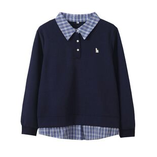 大码学院风假两件宽松卫衣女胖MM秋季新款显瘦减龄polo领套头上衣