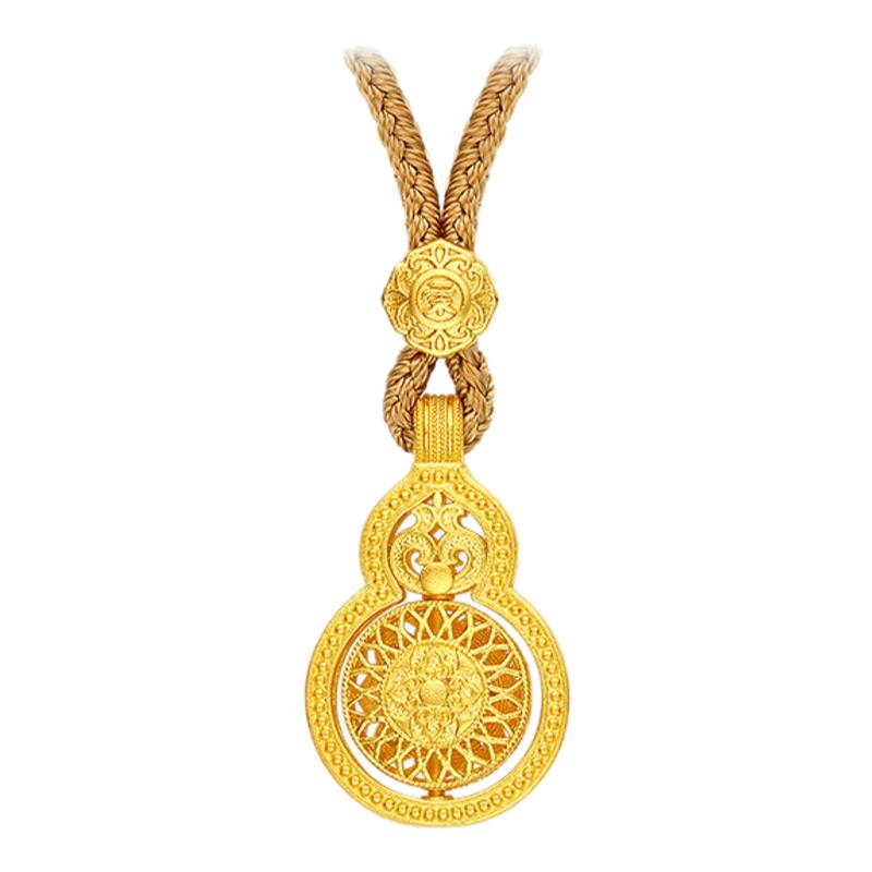 周大生十二花神黄金点钻宝相花葫芦项链足金钻石吊坠送女友