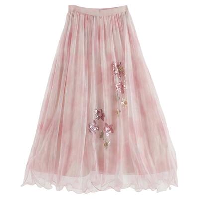 TCH轻奢流光粉网纱仙女裙女花朵烫钻温柔风长款半身裙T78A22E1003