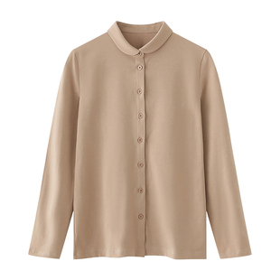 26春秋日系复古小圆领针织纯棉打底衬衫女长袖弹力大码娃娃领衬衣
