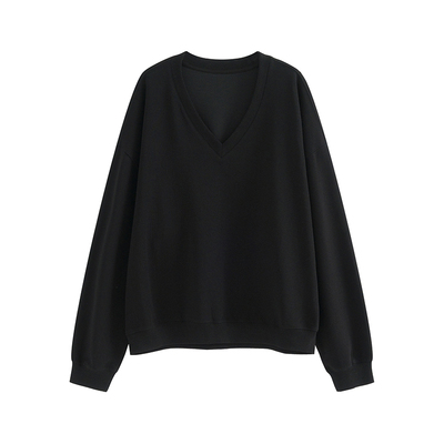 Adan 黑色V领卫衣春季韩版宽松显瘦百搭休闲慵懒长袖套头上衣女
