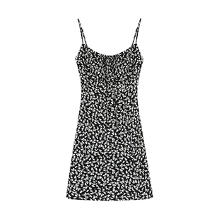 pusumede 法式茶歇黑色碎花连衣裙女夏季2025收腰气质吊带裙短款