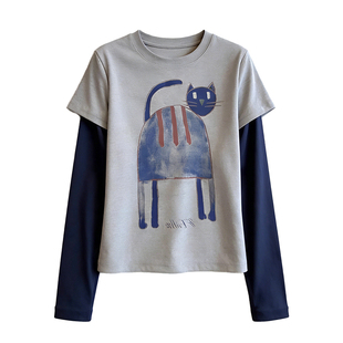 灰蓝慵春~春季假两件长袖T恤女猫咪印花撞色拼接圆领显瘦休闲上衣