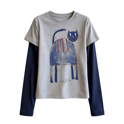 灰蓝慵春~春季假两件长袖T恤女