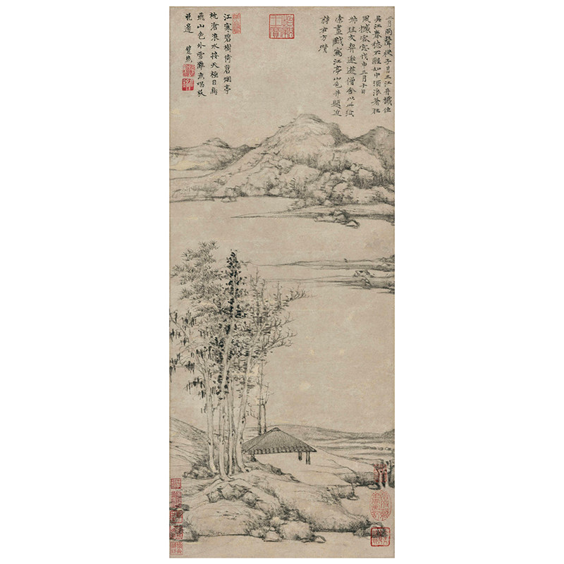 倪瓒江亭山色图元代山水国画临摹范本中式装饰画艺术微喷绢布画心