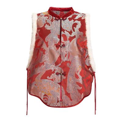 莨西子新中式国风100桑蚕真丝宋锦棉服马甲女水貂毛年轻版马甲冬