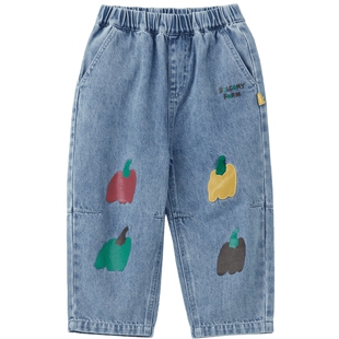 【新品】papa爬爬秋季儿童牛仔裤子男女童宽松洋气印花童装萝卜裤
