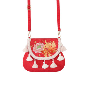 古风汉服斜挎包包马年新年刺绣锦鲤儿童翻盖斜跨包女童流苏单肩包