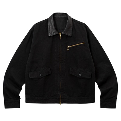 SUPERTOFU 真皮翻领 吊坠斜拉链 洗水做旧帆布工装夹克 AW25