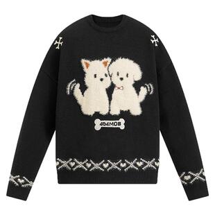 [廖俊涛同款]404MOB秋冬厚款提花趣味小狗毛衣男美式圆领针织衫