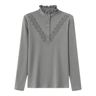 2026秋冬德绒衬衫女T恤减龄加绒加厚长袖上衣时尚气质立领木耳边