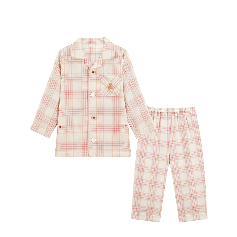 康贝Combi mini春夏男女童婴幼儿童纯棉长袖格子睡衣家居服套装