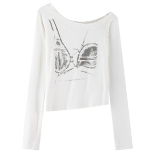 十一石 感觉至上!辣妹斜肩短款印花长袖T恤女修身显瘦打底衫