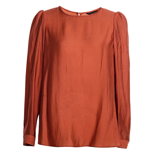 罗衣时尚通勤泡泡袖衬衫春优雅焦糖色圆领衬衣职场OL风上衣11067